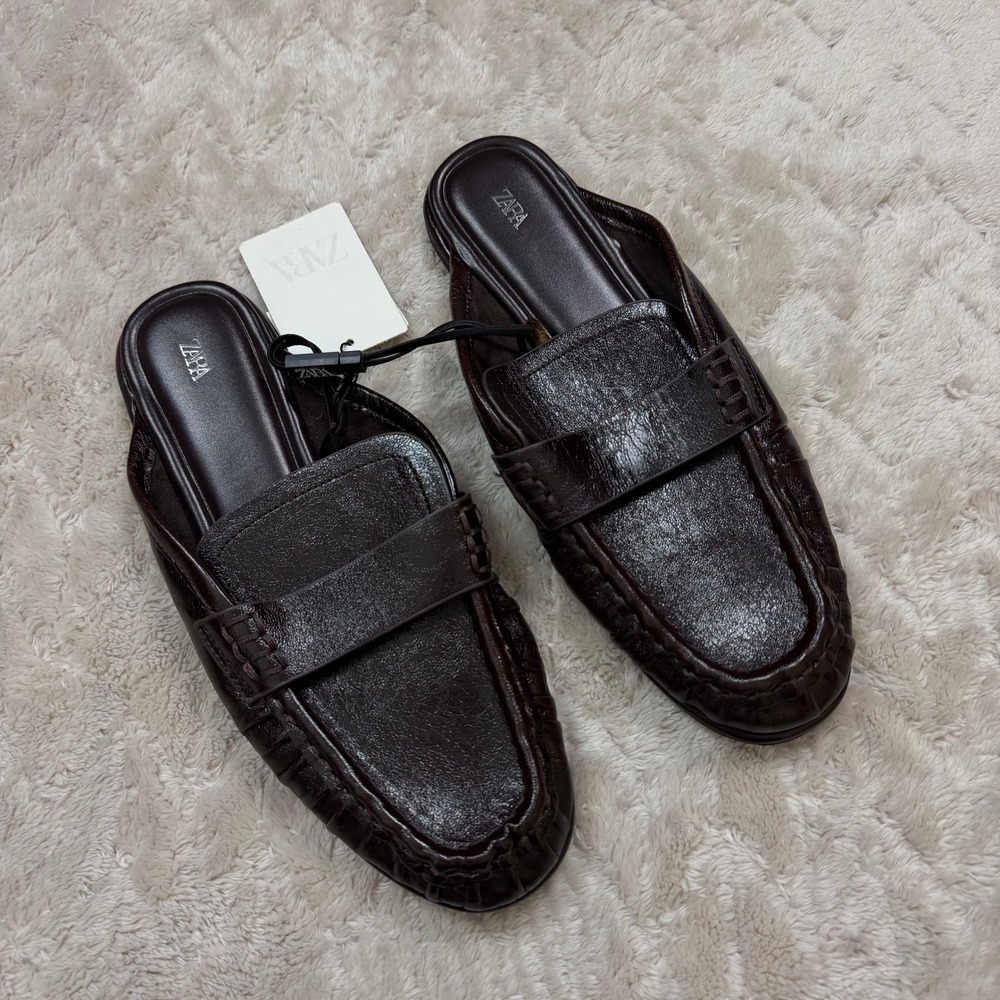 Zara Dark Brown Leather Penny Loafer Mules Flat Shoes 1516/710/700 Size 37 6.5